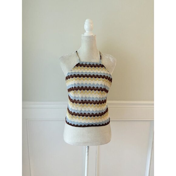 Crochet Halter Top With Adjustable Straps By Derek Heart L Multicolor Chevron Pa - Picture 2 of 5